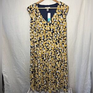 Wisp Navy Blue and Yellow Floral Midi Dress – Size 2X – New With Tags